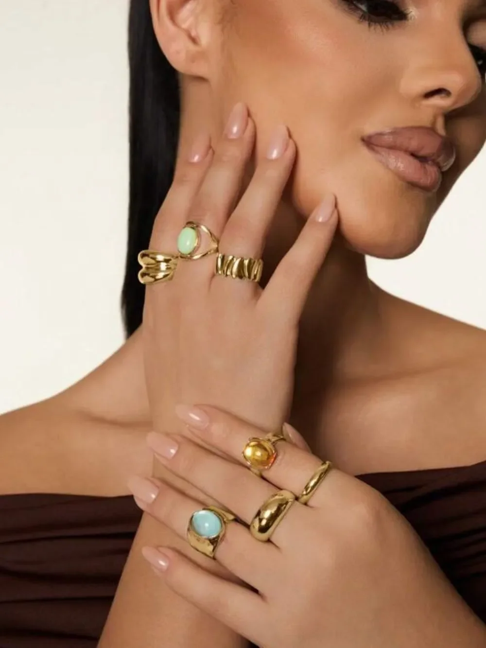 Gold  Statement Rings with Green and Orange Gemstones R800